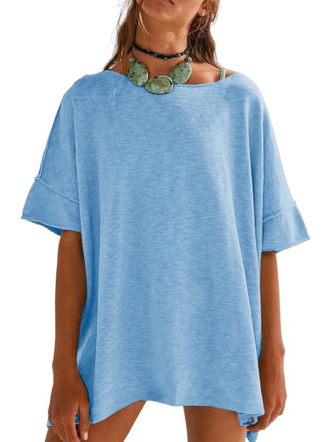Oversized Round Neck Drop-Shoulder T-Shirt Light Blue