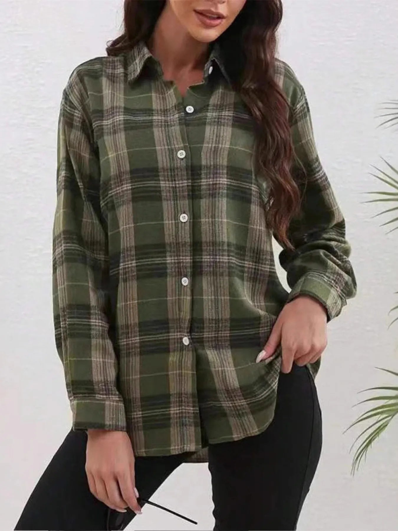 Plaid Button-Down Long Sleeve Shirt Olive Green