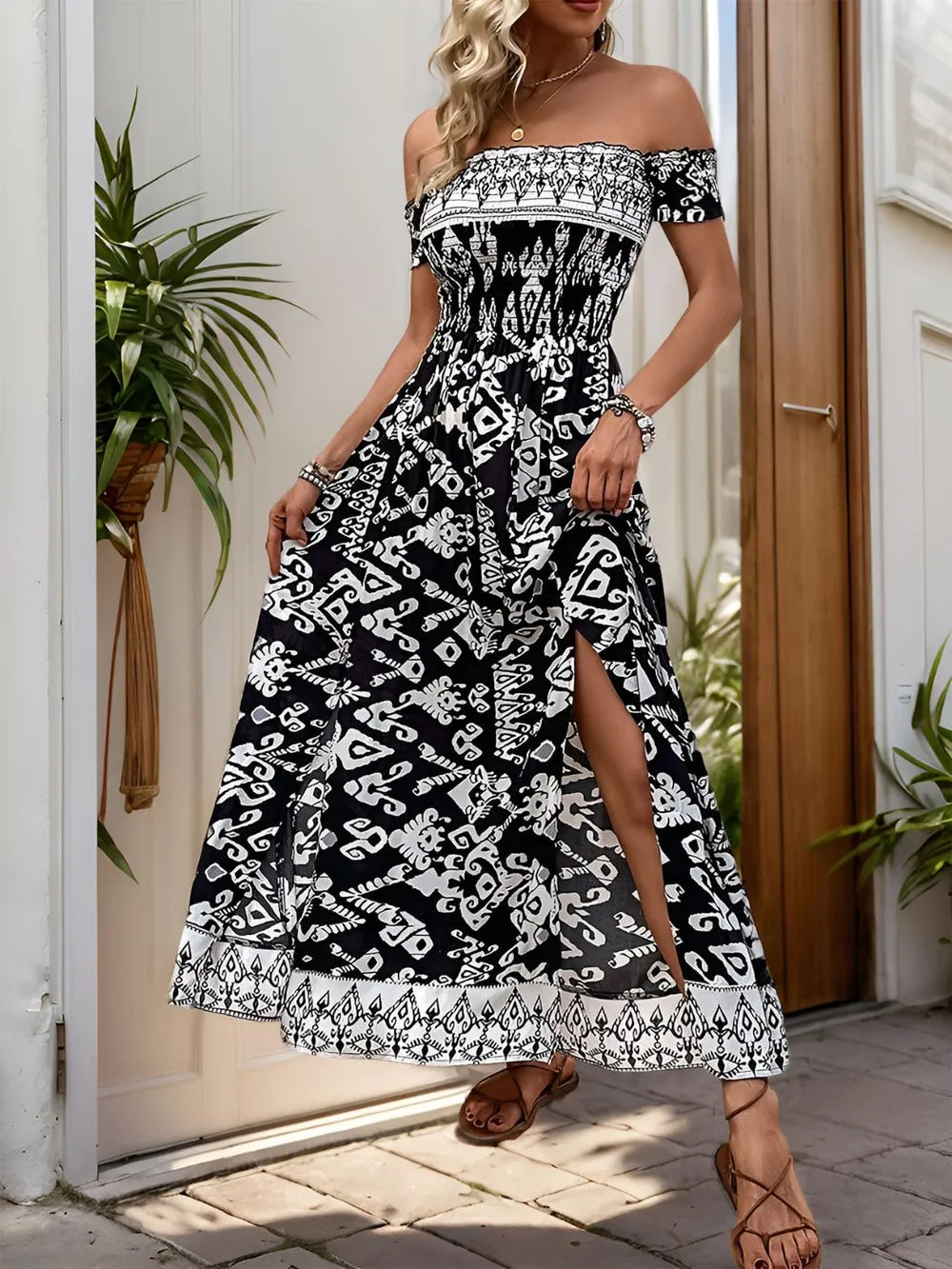 Perfee Slit Printed Off-Shoulder Dress Black