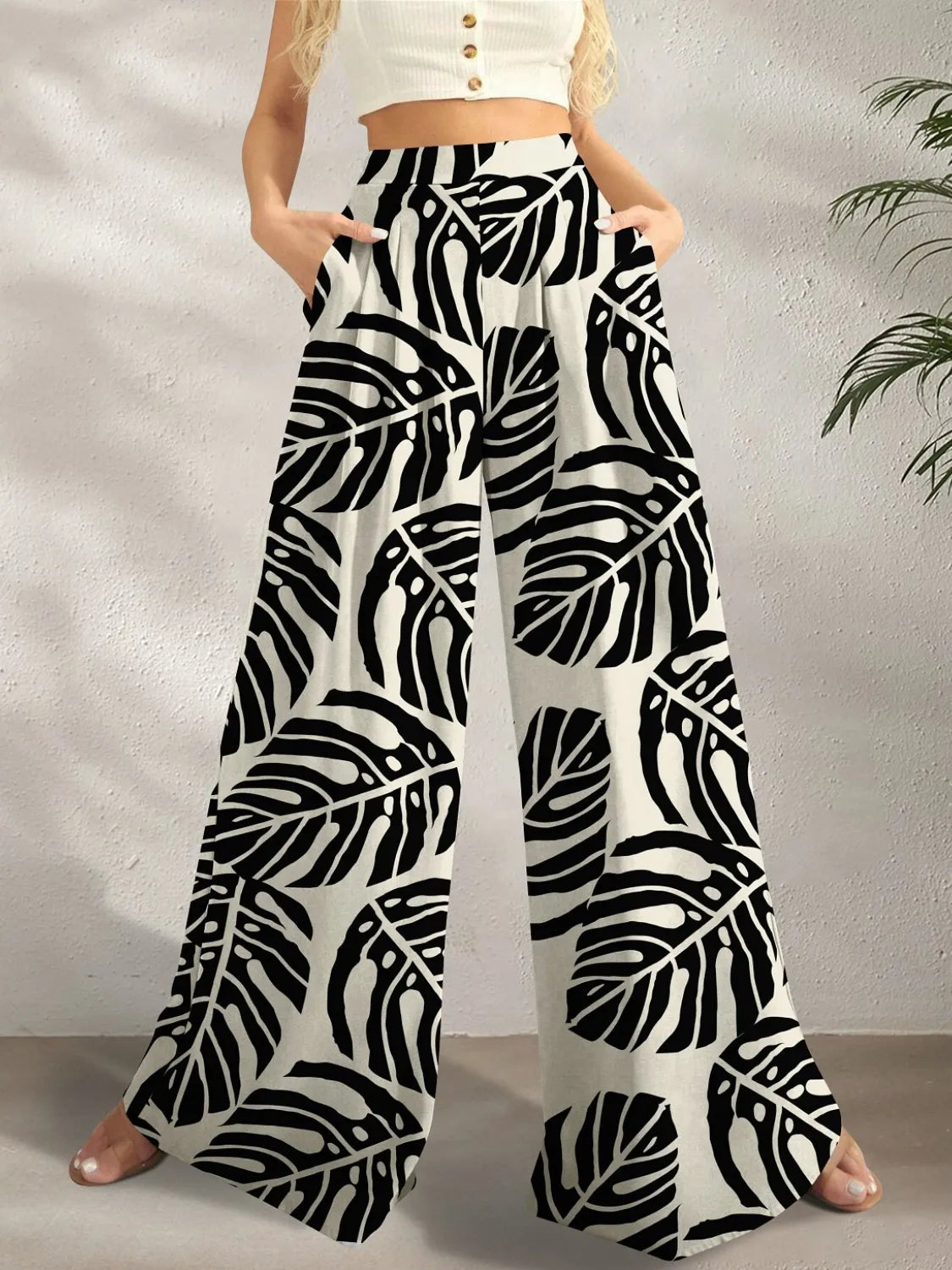 Printed Wide Leg Pants Black