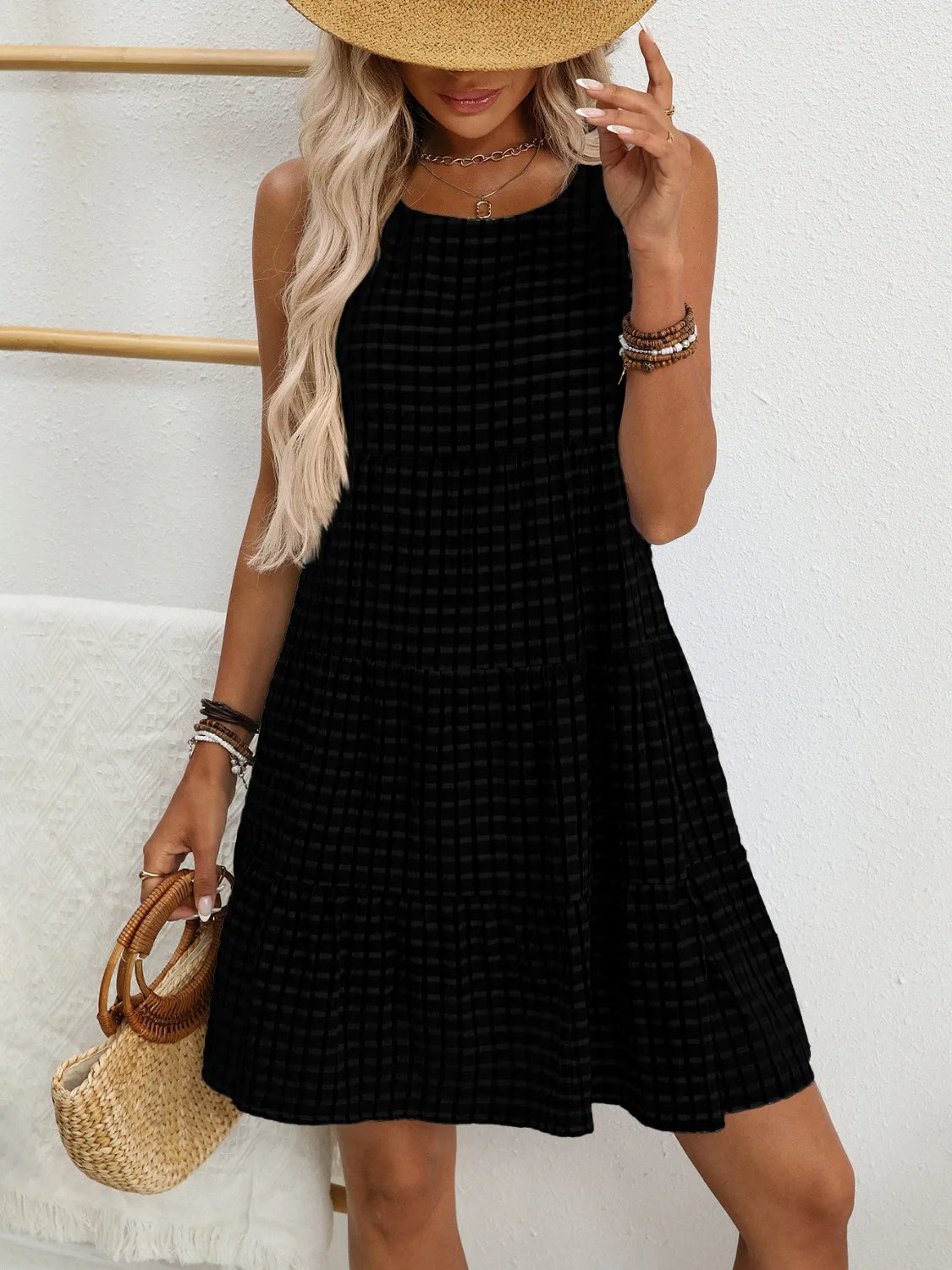 Plaid Round Neck Sleeveless Mini Dress Black