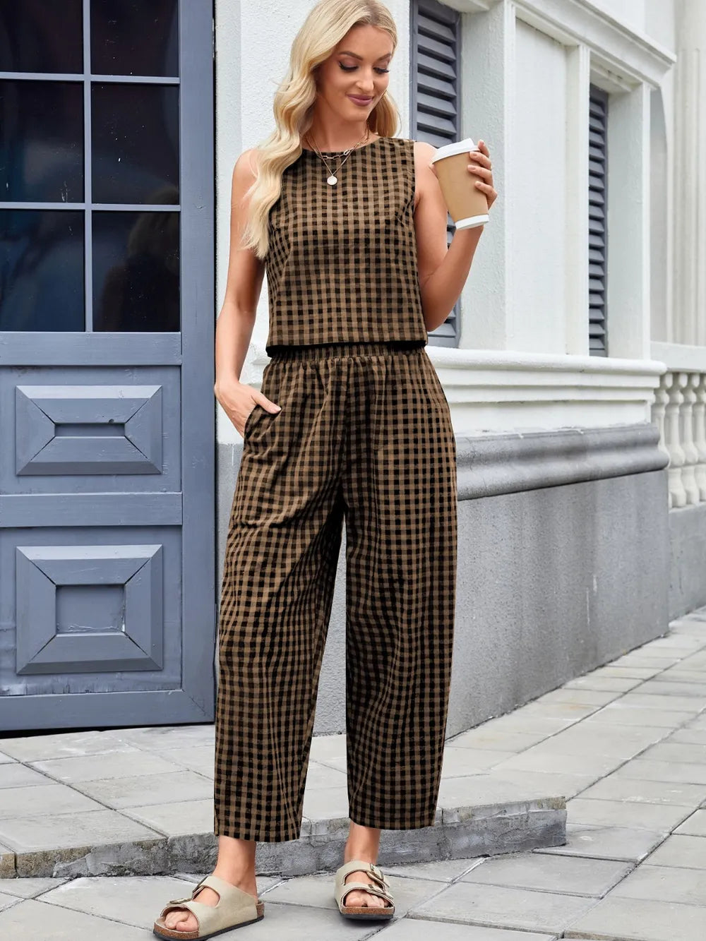 Plaid Sleeveless Top and Pants Set Brown