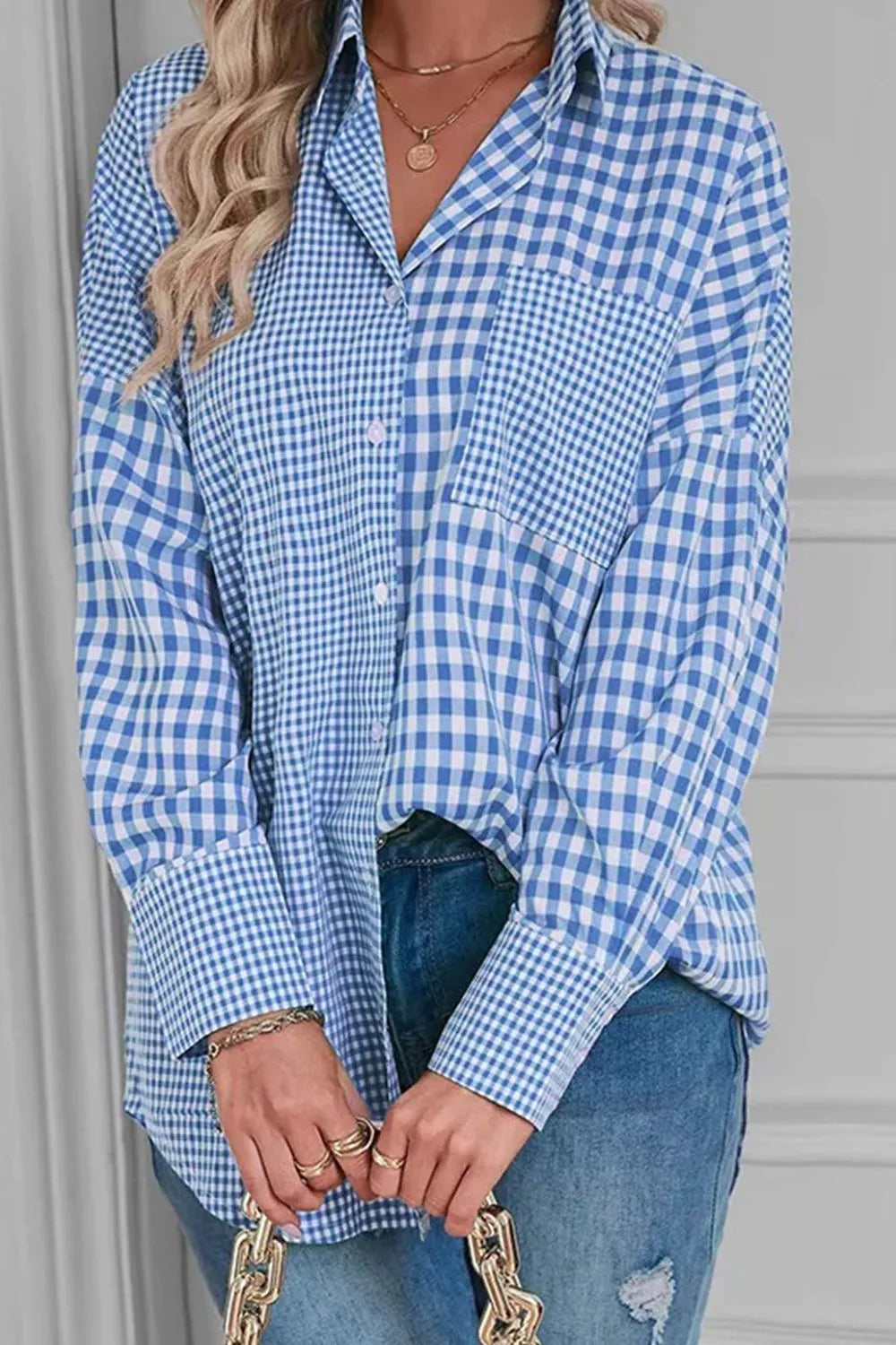 Plaid Button Up Long Sleeve Shirt Light Blue