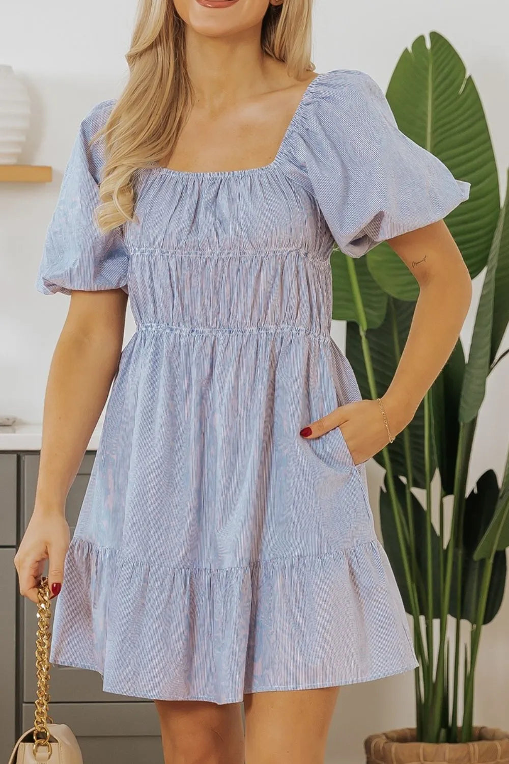 Striped Bubble Sleeve Ruched Babydoll Dress