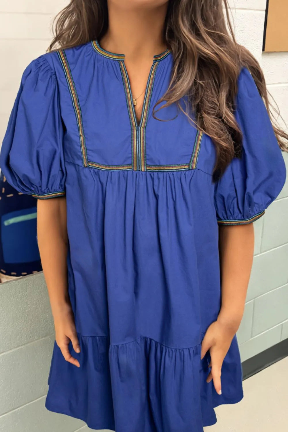 Notched Puff Sleeve Mini Dress Royal Blue