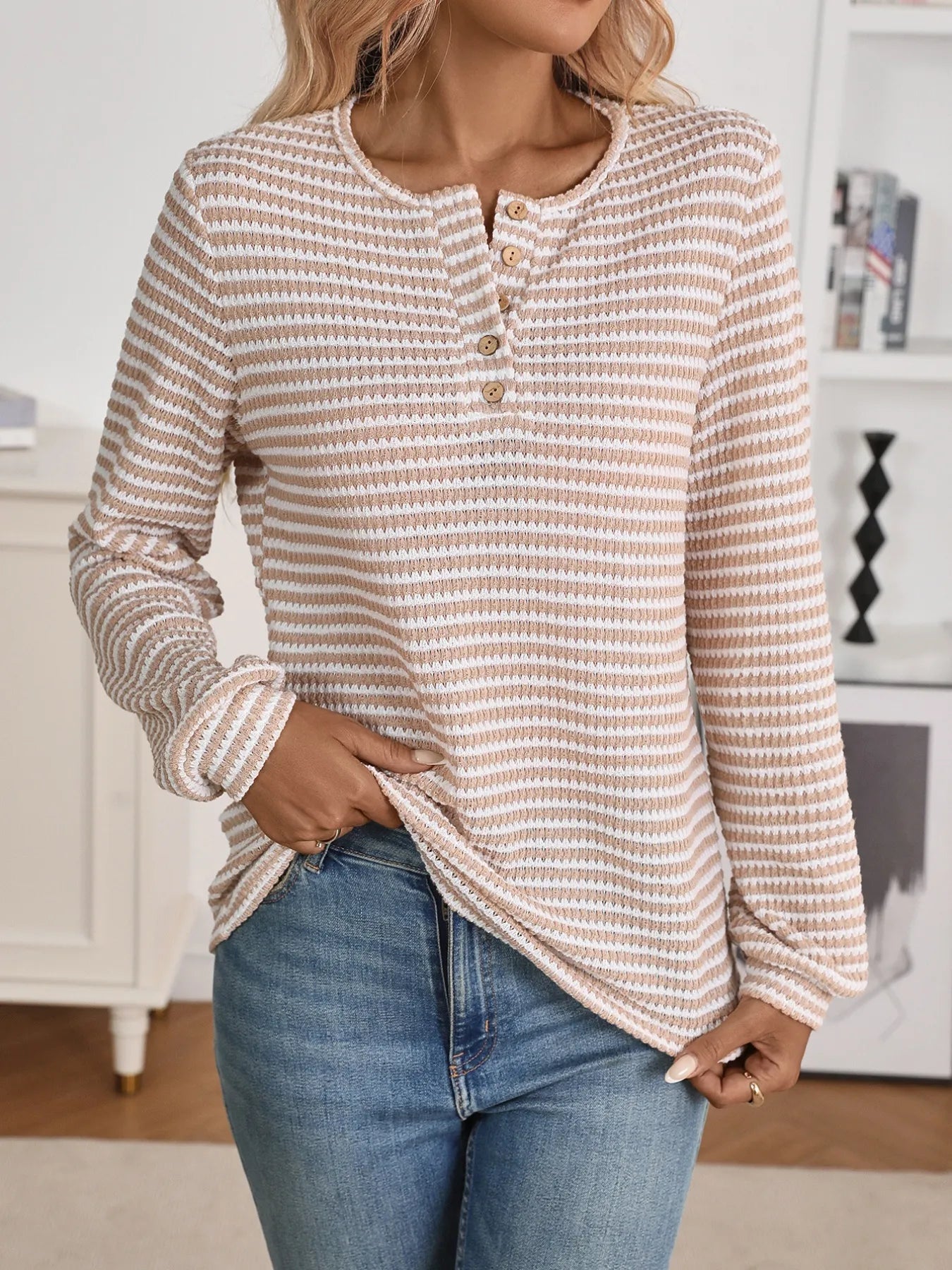 Striped Button Detail Long Sleeve Top