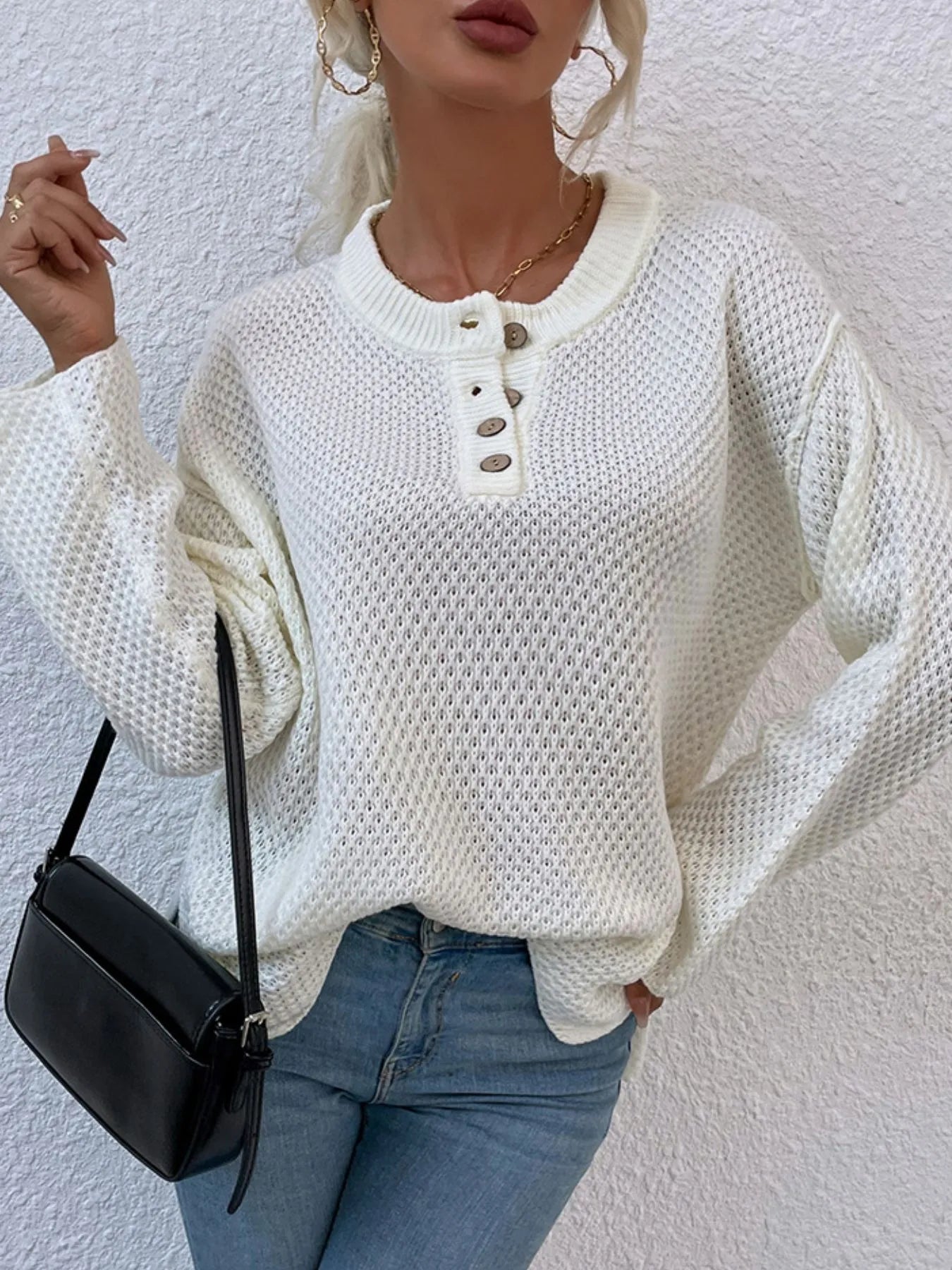 Button Detail Long Sleeve Knit Top White