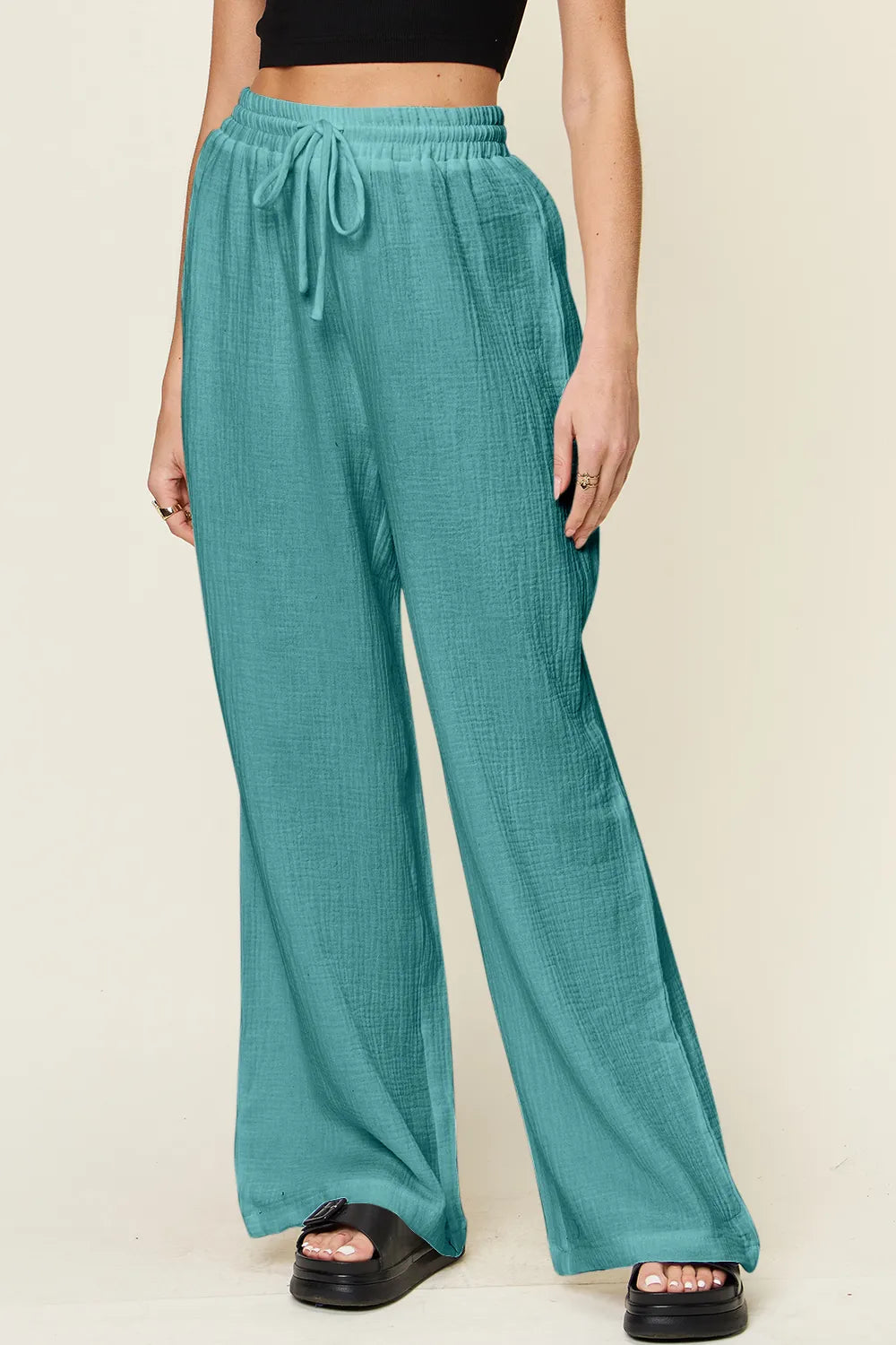 Double Take Full Size Texture Drawstring Wide Leg Pants Cerulean