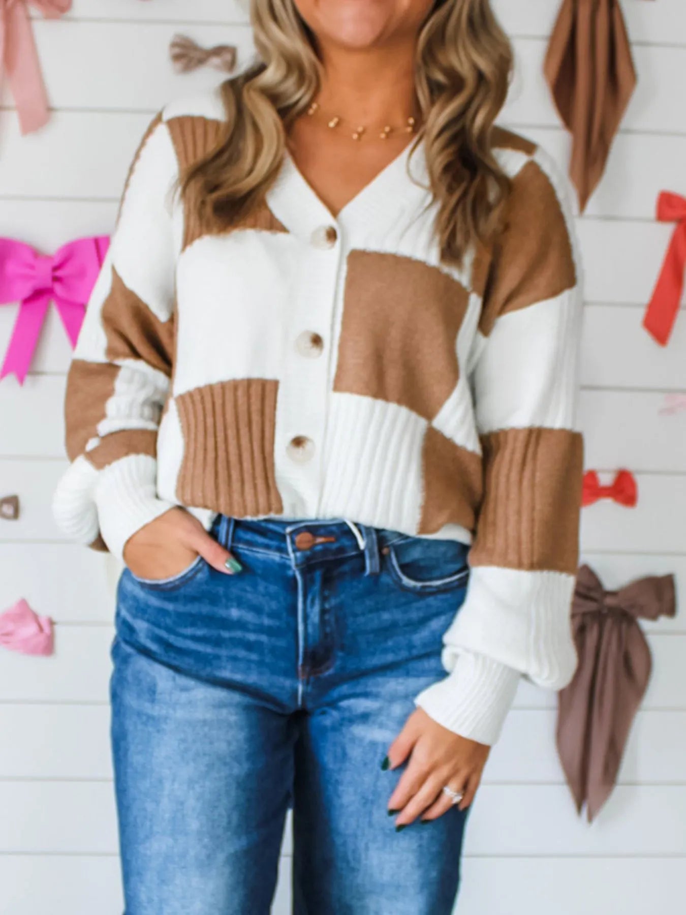 Color Block Knit Button-Up Cardigan