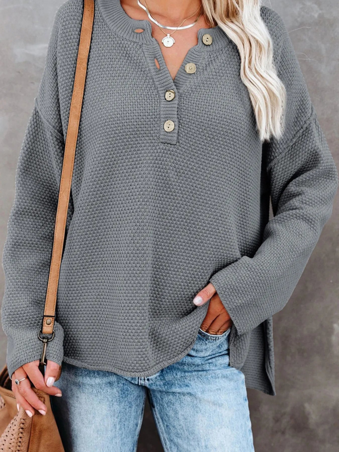Button Detail Long Sleeve Knit Top Gray