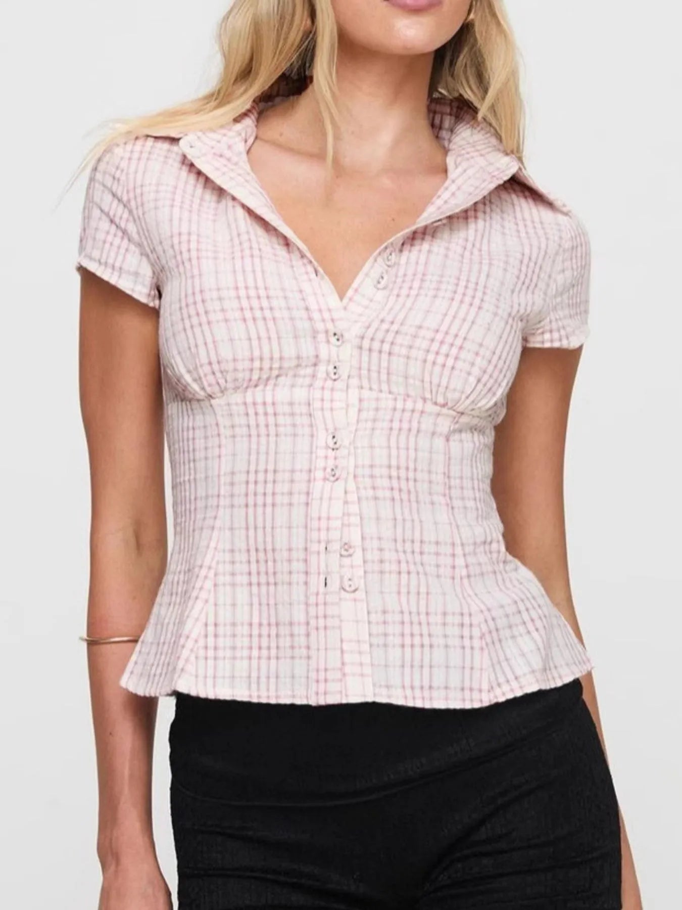 Plaid Short Sleeve Button-Up Shirt Dusty Pink