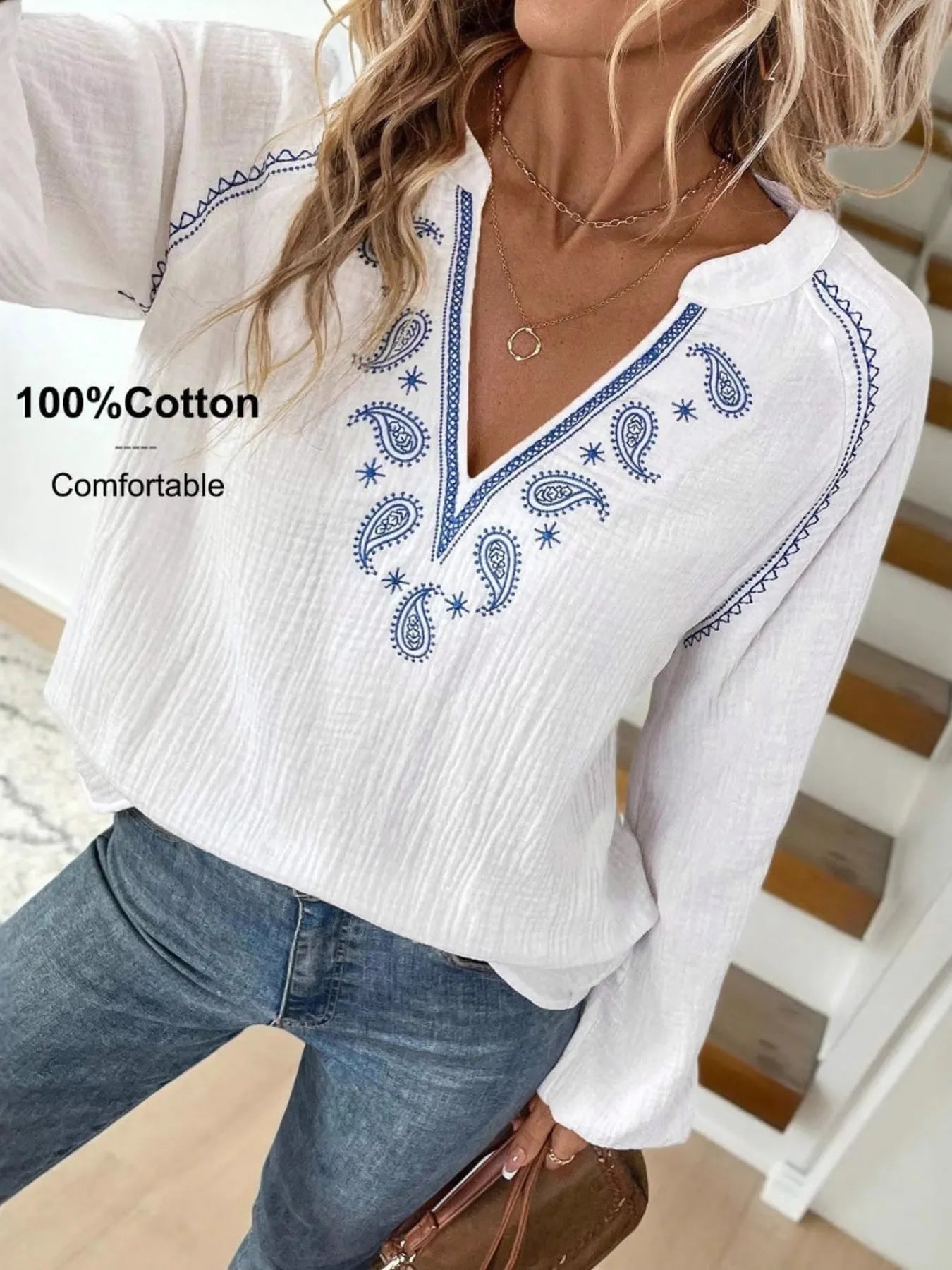 Paisley Pattern Notched Long Sleeve Blouse
