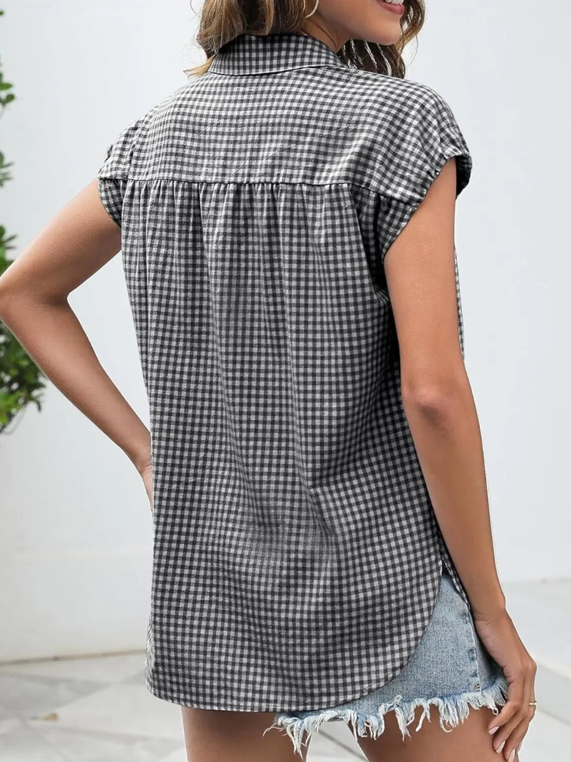 Plaid Button Up Cap Sleeve Shirt