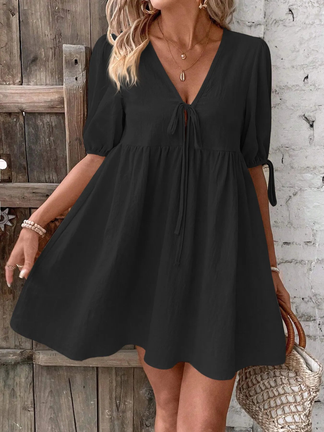 V-Neck Tie-Front Mini Dress with Puff Sleeves
