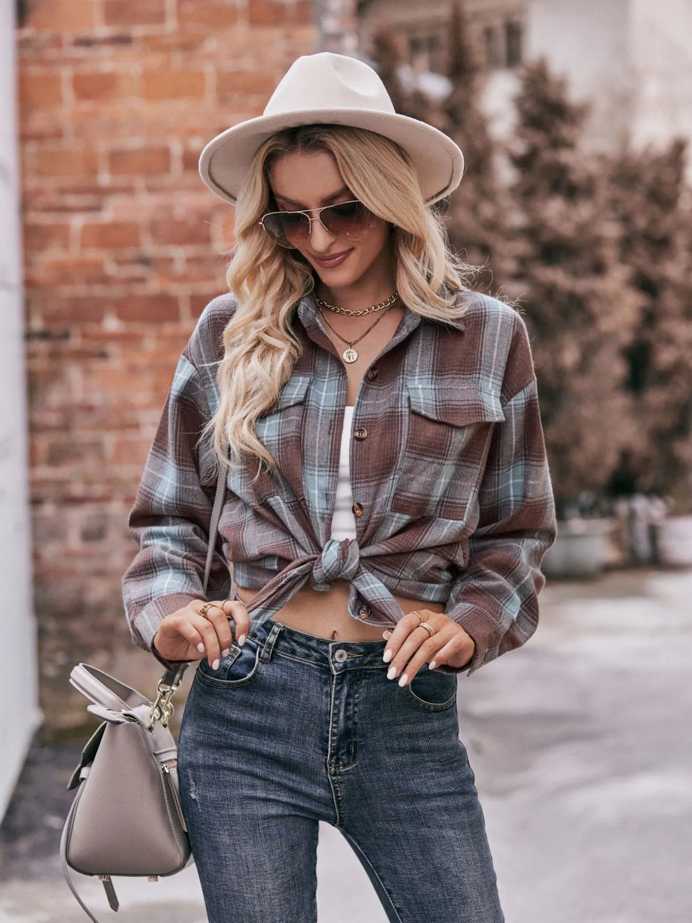 Plaid Button-Down Long Sleeve Shirt Brown Green