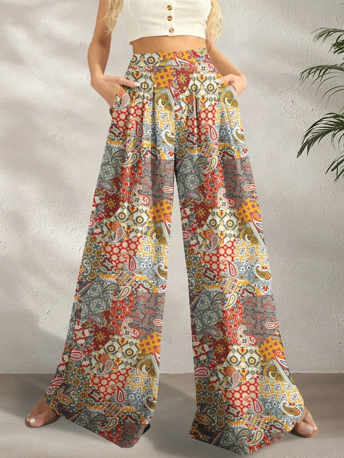 Printed Wide Leg Pants Ochre