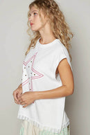 POL Star Patch Studded Sleeveless T-Shirt with Lace Hem - Store 42
