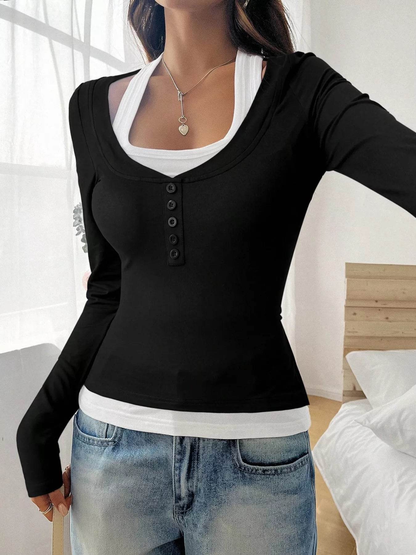 Scoop Neck Long Sleeve T-Shirt - Slightly Stretchy, 95% Polyester for Comfort, Easy Care - Store 42