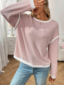 Slightly Stretchy Ribbed Long Sleeve Top with Contrast Trim - Elegant Basic Style - Store 42
