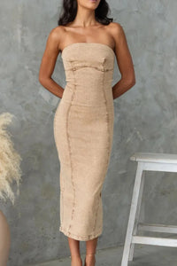 Washed Slit Back Tube Denim Dress Tan