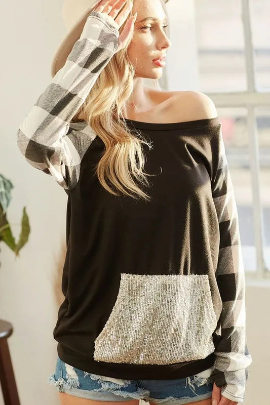 BiBi French Terry Top with Sequins Kangaroo Pocket