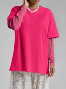 Faux Layered Round Neck Mesh Sleeve Top Hot Pink