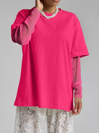 Faux Layered Round Neck Mesh Sleeve Top Hot Pink