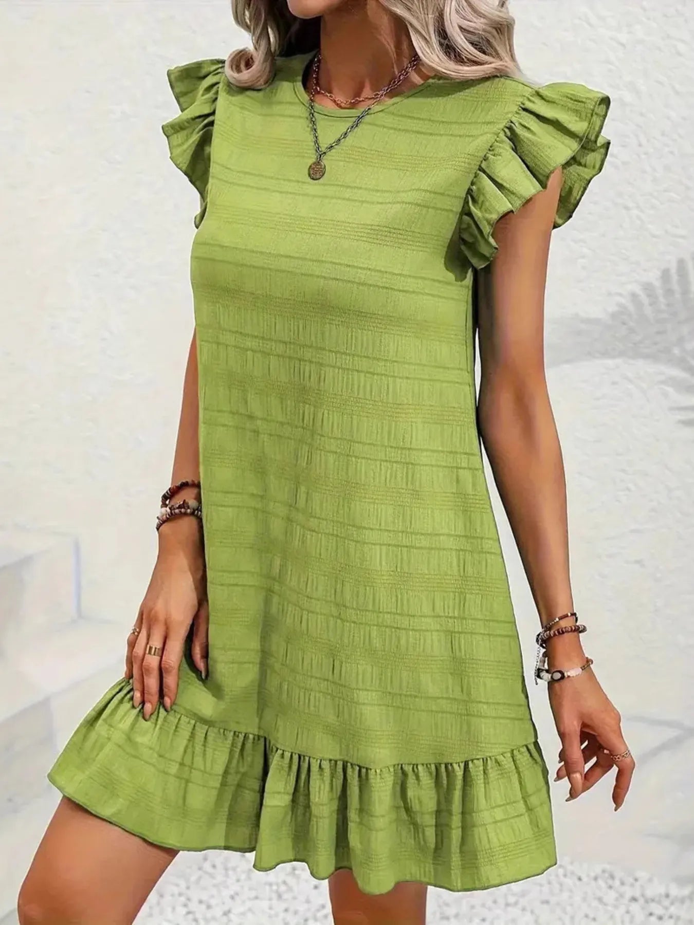 Full Size Ruffled Flutter Sleeve Textured Mini Dress Plus Size