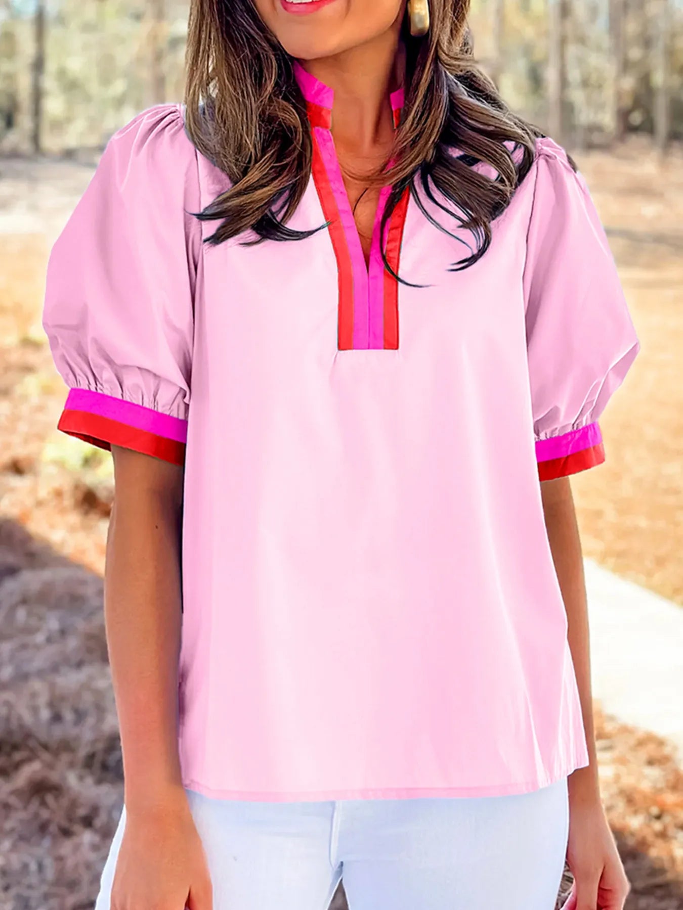 Contrast Trim Notched Short Sleeve Blouse