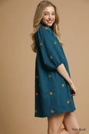 Umgee Corduroy Babydoll Dress with Floral Embroidery