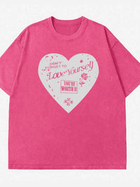 Heart Graphic Oversized Round Neck T-Shirt - Short Sleeve, 100% Polyester, Machine Washable - Store 42