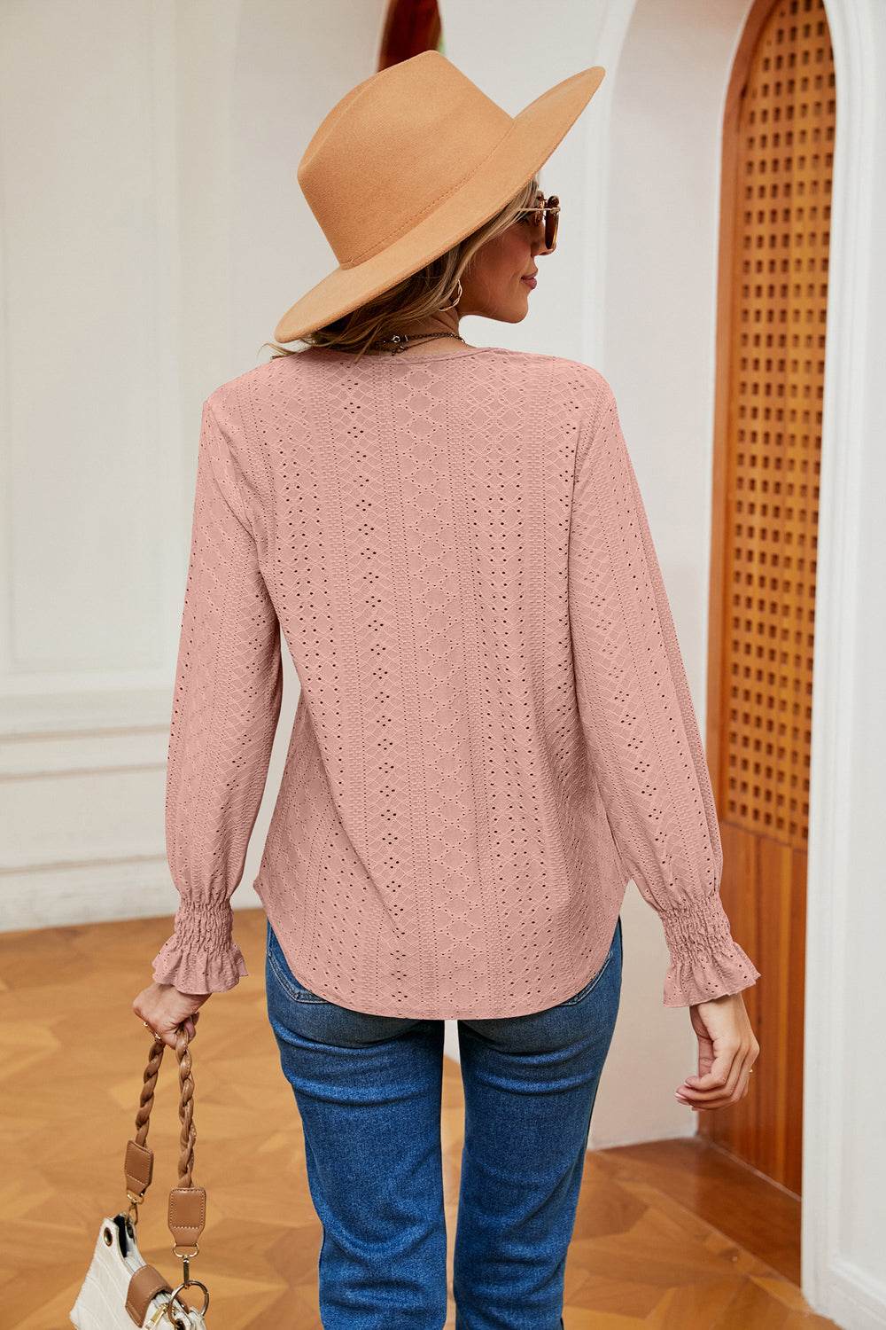 Stylish Contrast Flounce Sleeve Blouse - Opaque, Slightly Stretchy, Perfect for Casual Outings - Store 42