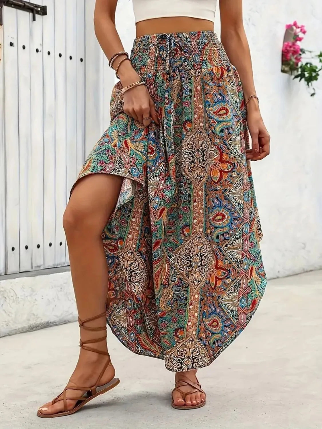 Asymmetrical Smocked Printed Skirt