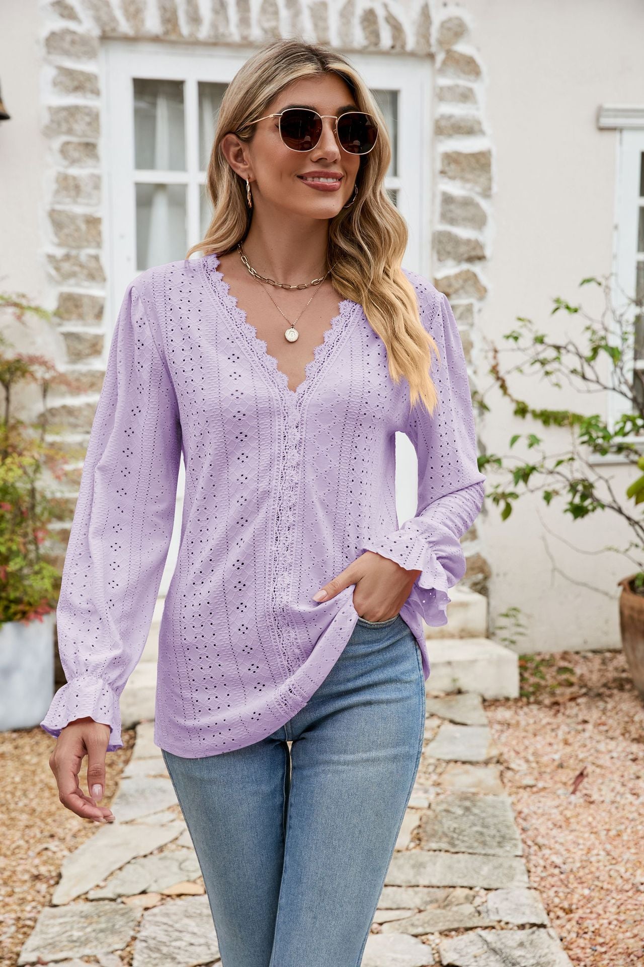 Chic Eyelet Lace Trim V-Neck Blouse with Flounce Sleeves - Long Sleeve, Solid Polyester Top