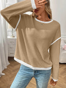 Slightly Stretchy Ribbed Long Sleeve Top with Contrast Trim - Elegant Basic Style - Store 42