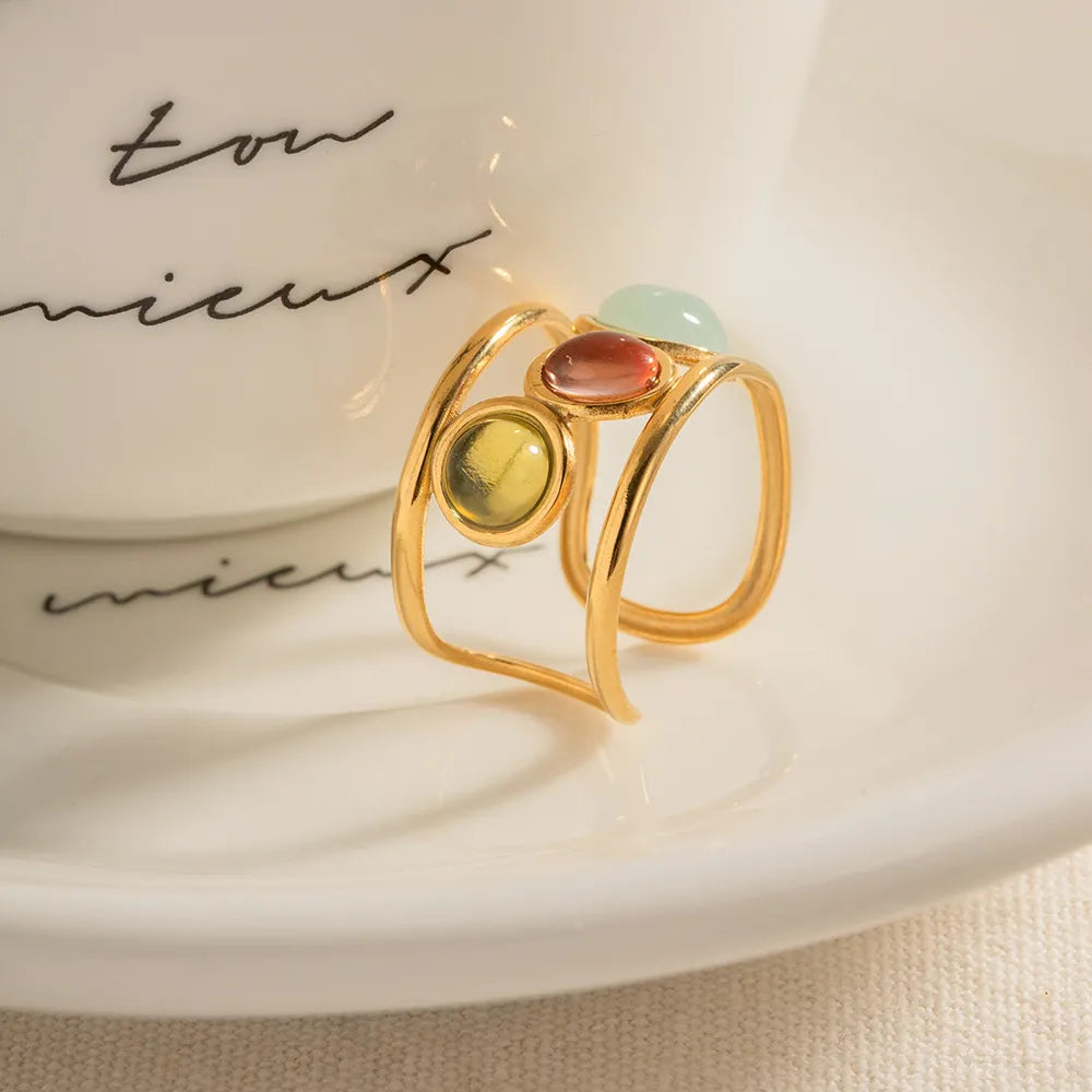 Elegant 18K Gold-Plated Gemstone Open Cuff Ring with Colorful Geometric Stones