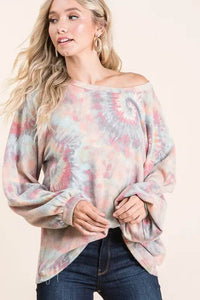 BiBi Pastel Tie Dye Top with Puff Sleeves - Soft Cotton, Relaxed Fit, Casual Chic Style - Store 42