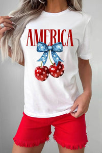 AMERICA Bow Cherry Crewneck T-Shirt – Comfortable Stretch Fit, Soft Polyester-Cotton Blend - Store 42