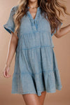 Tiered Notched Short Sleeve Dres Light Blue