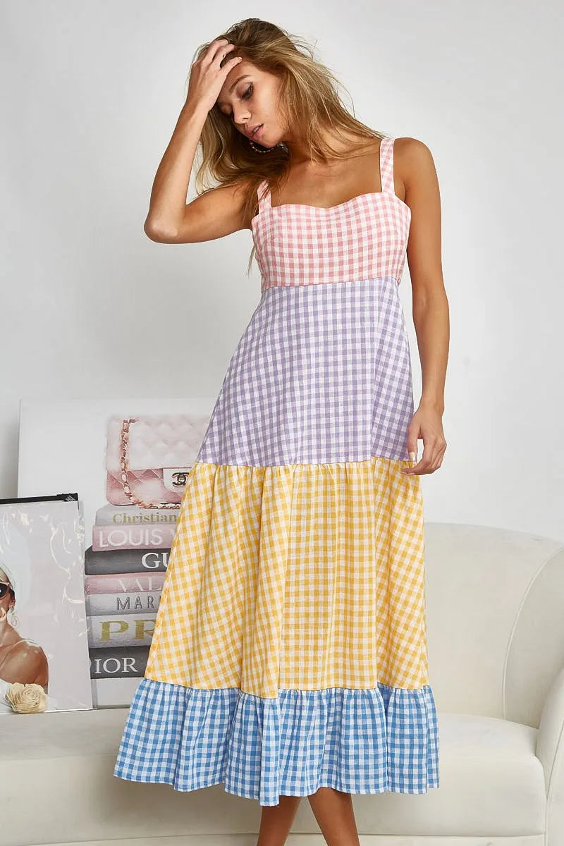BiBi Color Block Gingham Dress - Tiered Summer Chic for Picnics & Brunch Dates
