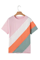 Trendy Color Block Round Neck T-Shirt for Women - Short Sleeve, Slightly Stretchy, Cotton Blend - Store 42
