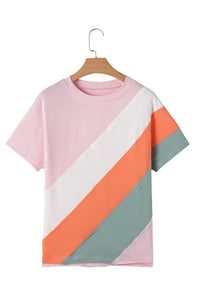 Trendy Color Block Round Neck T-Shirt for Women - Short Sleeve, Slightly Stretchy, Cotton Blend - Store 42