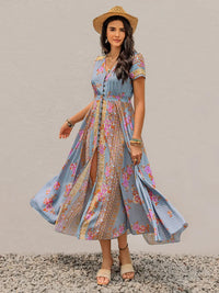 Smocked Floral V-Neck Short Sleeve Midi Dress Light Blue