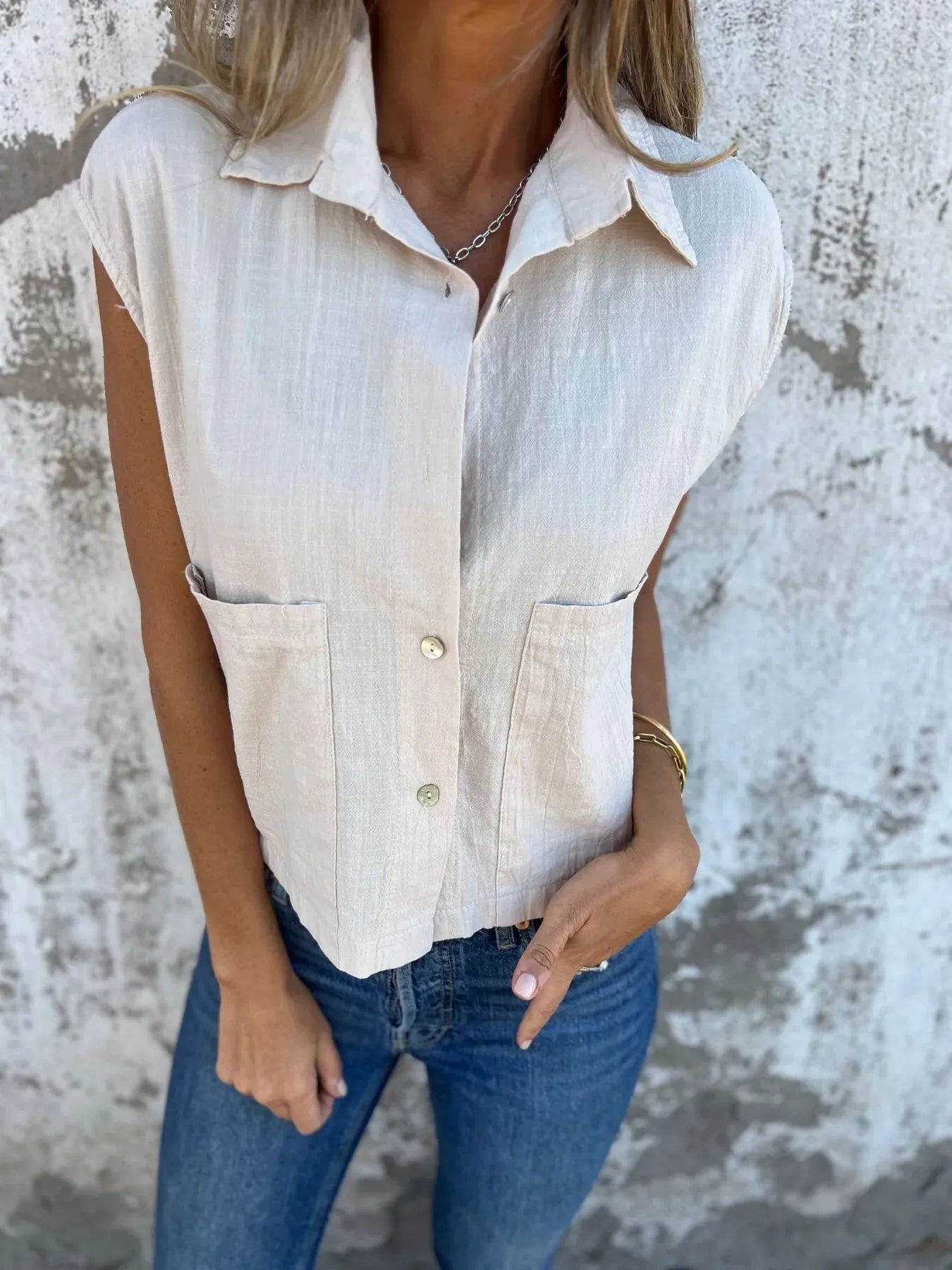 Full Size Textured Button-Front Sleeveless Shirt Plus Size