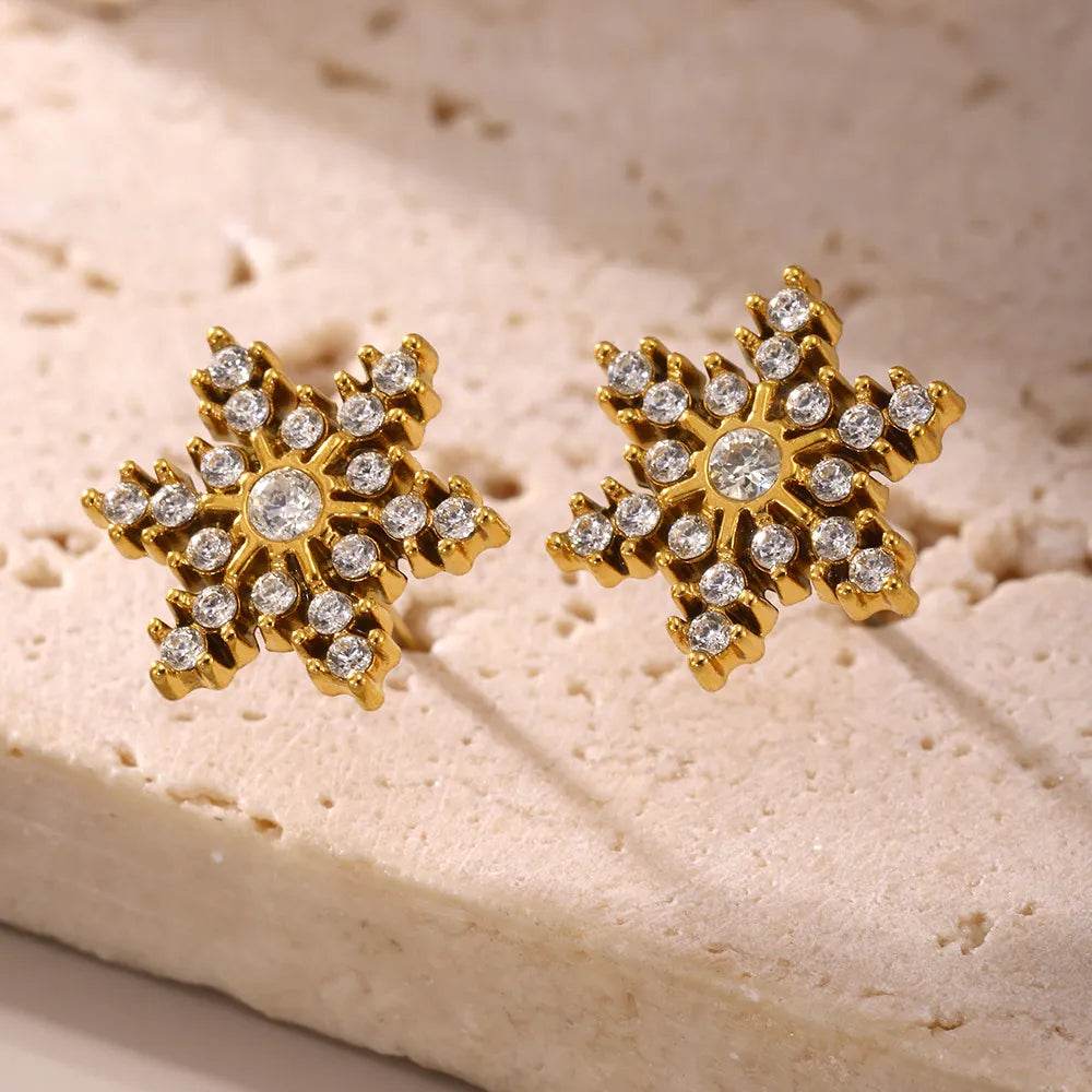 18K Gold-Plated Stainless Steel Snowflake Stud Earrings with Zircon Accents - Store 42