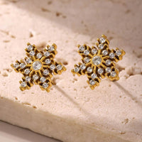 18K Gold-Plated Stainless Steel Snowflake Stud Earrings with Zircon Accents - Store 42