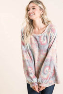 BiBi Pastel Tie Dye Top with Puff Sleeves - Soft Cotton, Relaxed Fit, Casual Chic Style - Store 42