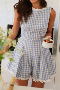 Lace Detail Plaid Sleeveless Romper