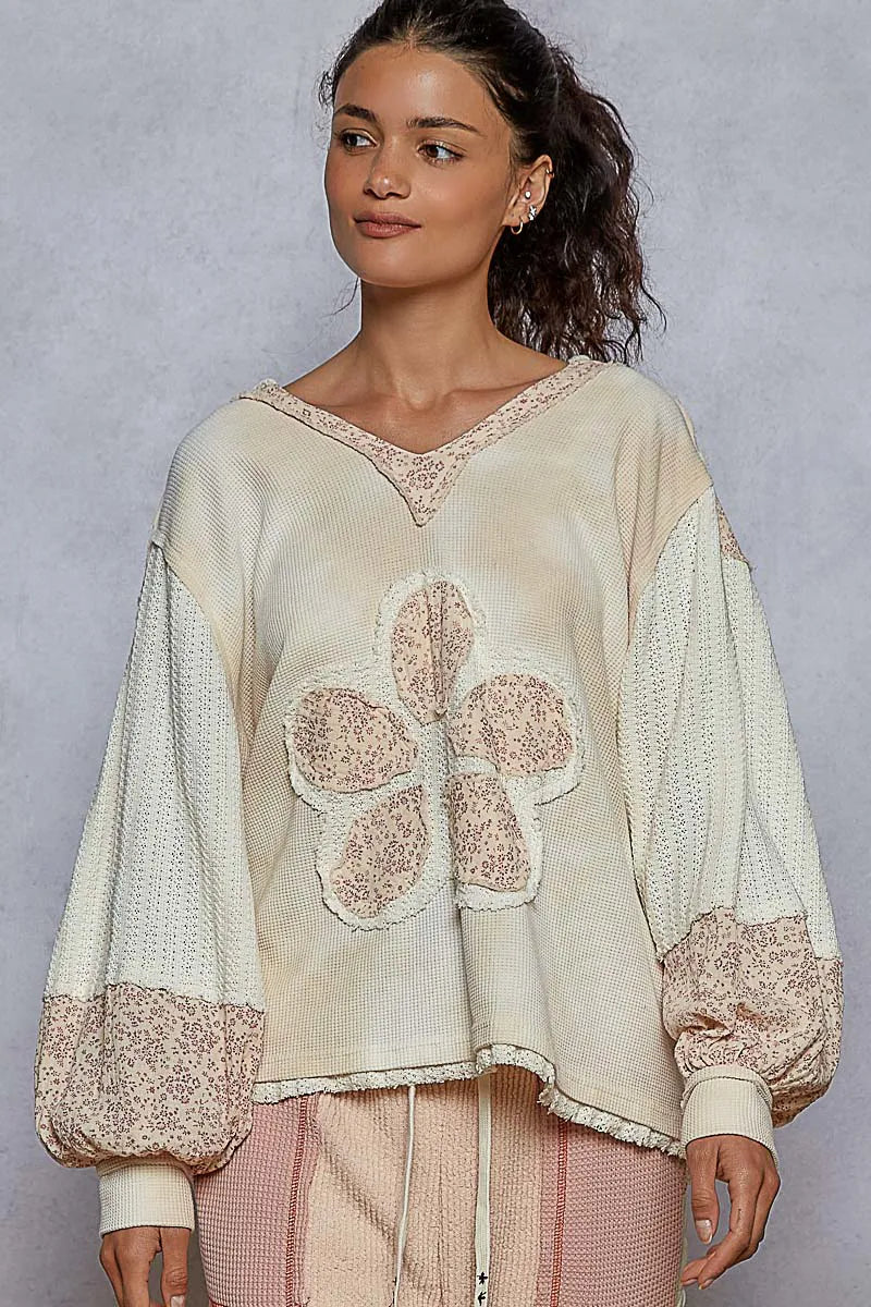 Bohemian POL Raw Hem Hoodie with Flower Patch, Balloon Sleeves & Lace Trim, Cream