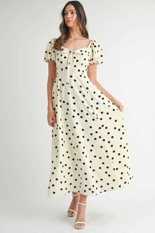 MABLE Polka Dot Puff Sleeve Midi Dress Cream